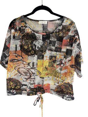 Y2K Colorful Mesh Crop Top M Retro Festival Cyber 90s Raver Graffiti Artsy Art
